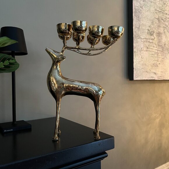 Large Vintage Brass Reindeer Elk Candelabra 8 Candle Holder” - Picture 3 of 12